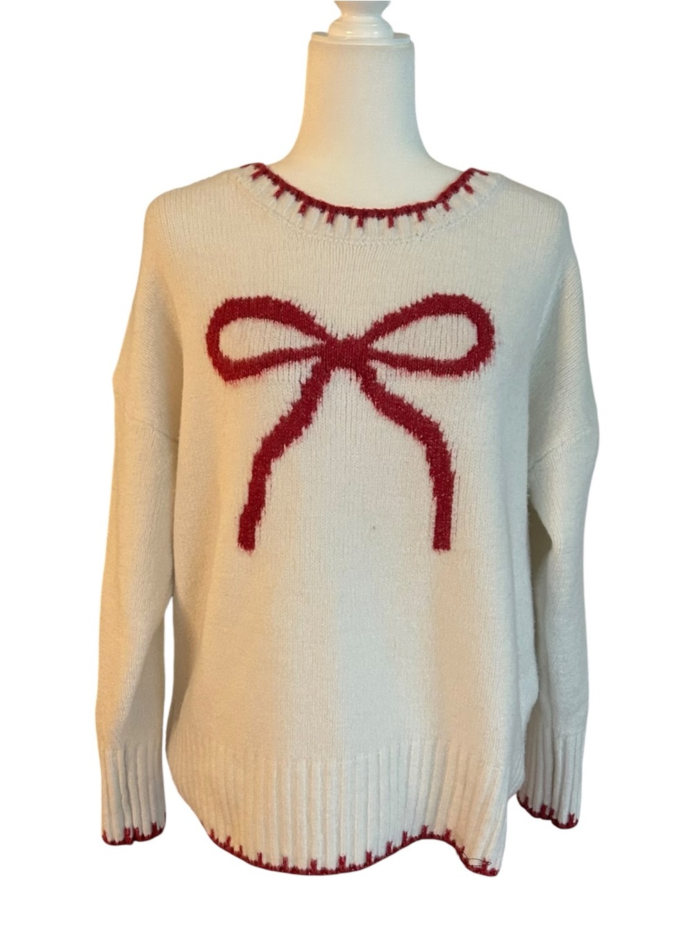 NWT Pink Rose Christmas Bow Contrast Color Locked Edge Long Sleeve Sweater SZ L - Picture 2 of 6
